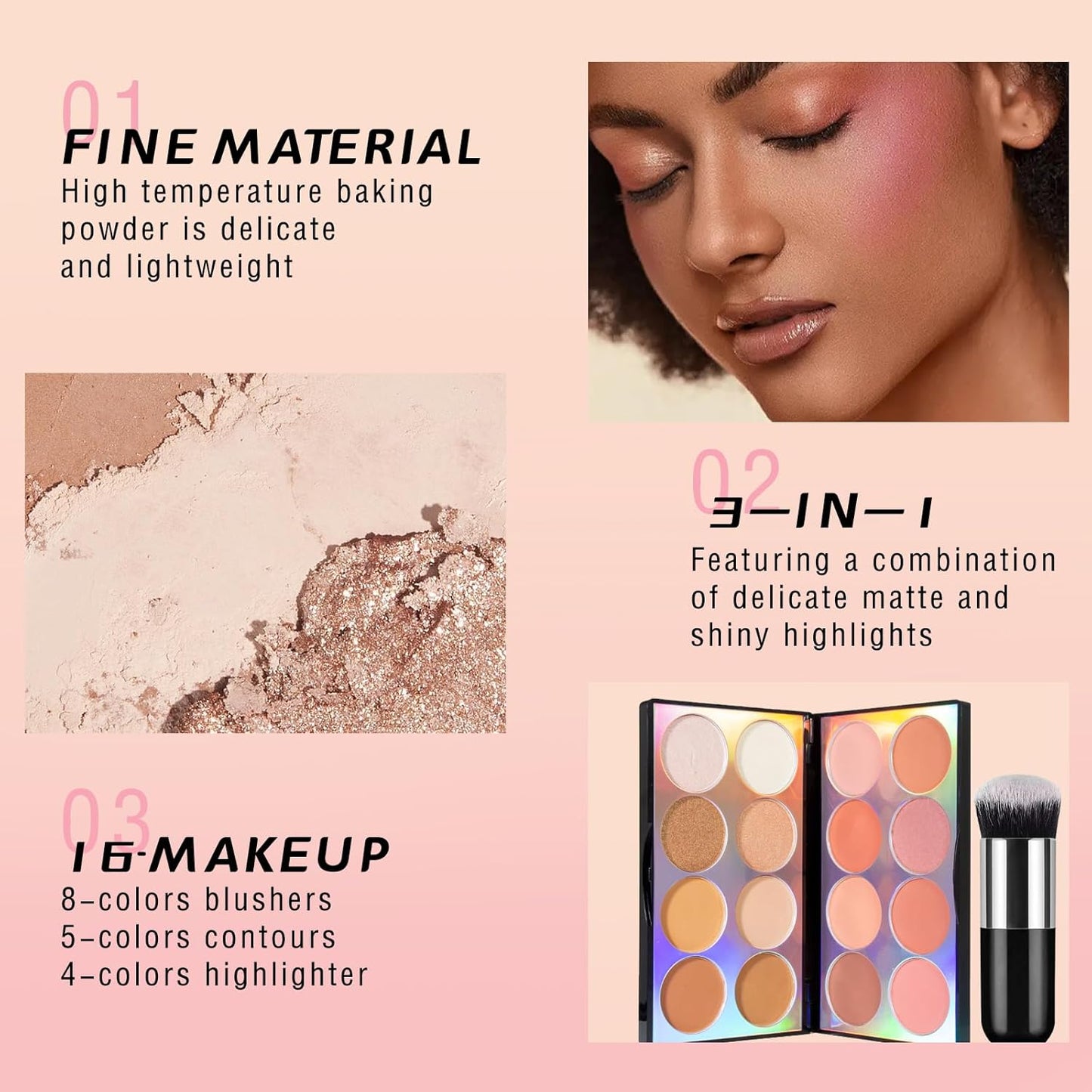 16 Colors Blush Contour Highlighter Makeup Palette, All-in-One Shimmer Silky Matte Mineral Blush Powder Palette, Face Sculpting Bronzer Blusher Illuminator Palette for a Natural Glowing